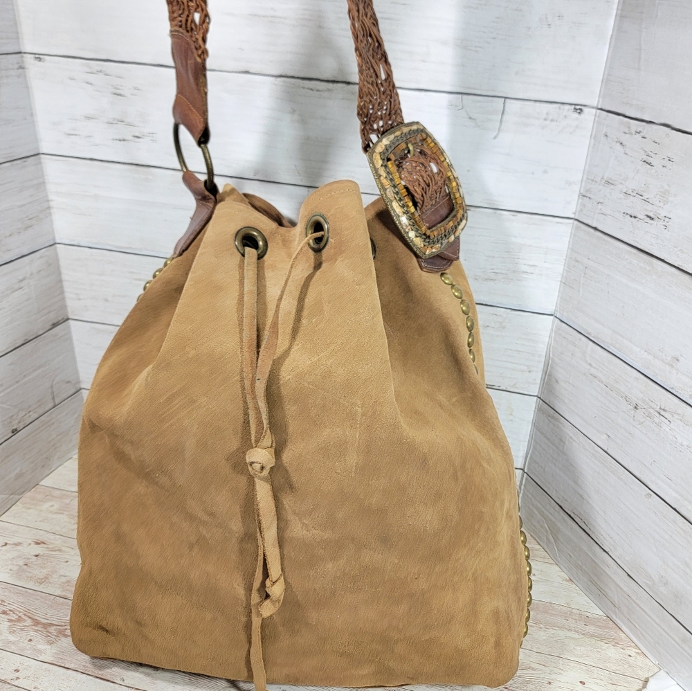 Leatherock Large  Studded Suede Bucket Hobo Handbag With Braided Strap - Picture 9 of 13